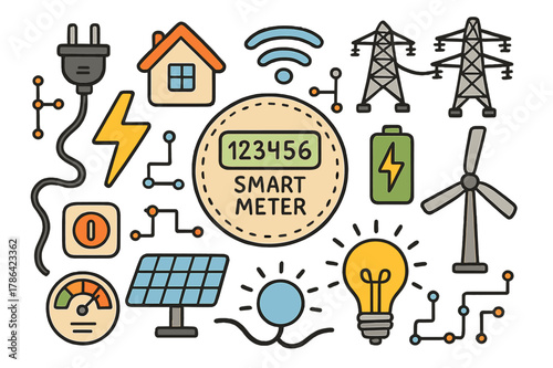 Smart Energy Illustrations. smart meters. Colorful Hand-drawn doodle Children illustration smart meters electricity meter, digital display, power lines, house,