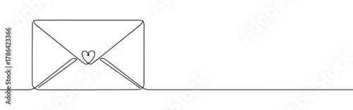 Continuous line drawing of an envelope with a heart, representing love messages, mail, or special correspondence, isolated on a white background