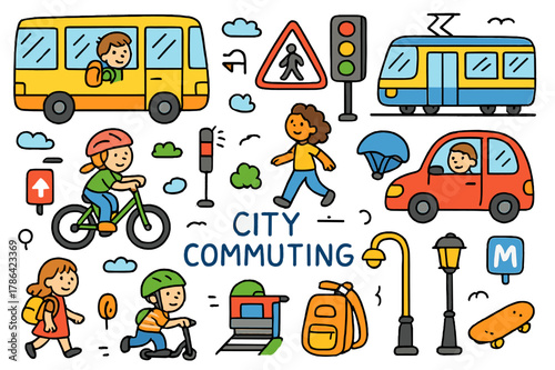 Urban Commuting Sketch. city commuting. Colorful Hand-drawn doodle Children illustration city commuting bus, bicycle, scooter, pedestrian, car, traffic light,