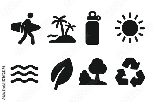 Eco Lifestyle Icons. Eco lifestyle. Filled icon set of eco lifestyle: surfer silhouette, beach with trees,