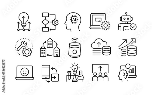 Innovative technology icons: ai, automation, data, and smart solutions in linear style