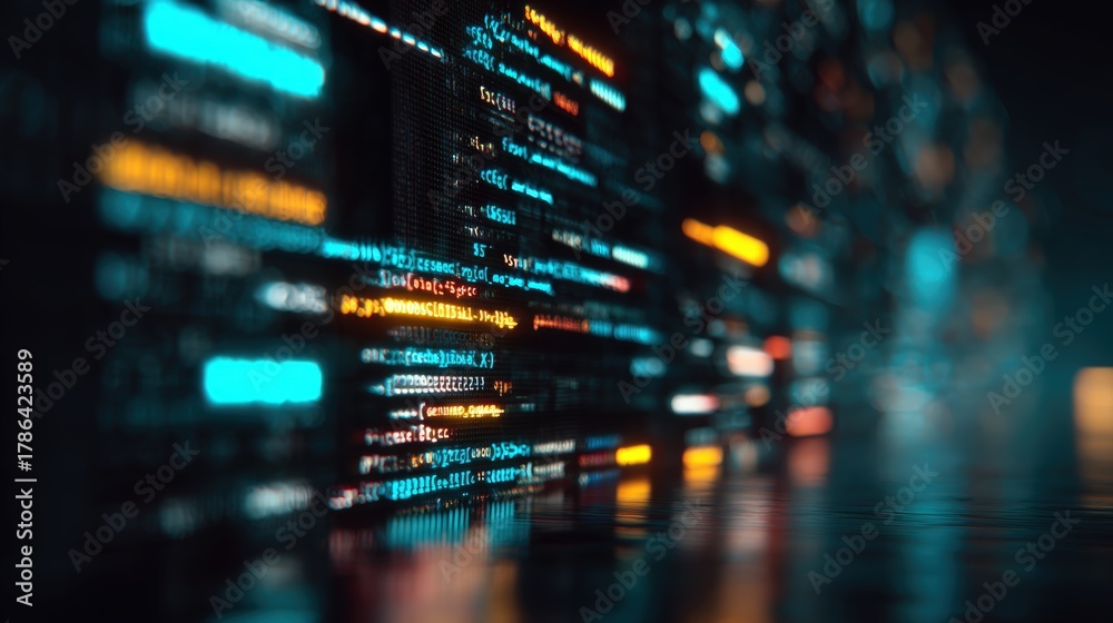 Fototapeta premium Macro Shot of Syntax-Highlighted Code with Neon Reflections in Cyberpunk Style