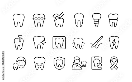 Dental icons set: orthodontics, hygiene, and care in line style