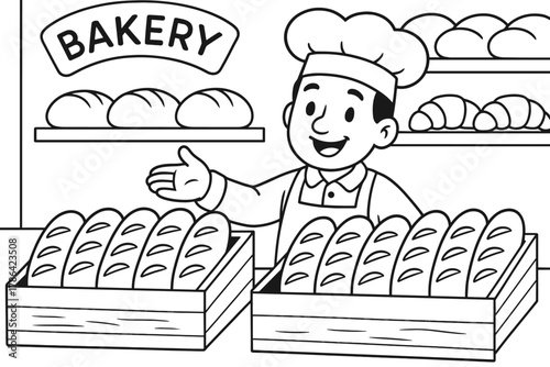 Smiling Baker with Bread. Bakery shop children?s coloring book illustration, outlined drawing, smiling baker