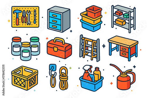 Colorful Workshop Icons. Garage and workshop storage. Colorful isometric vector icons set of Garage and workshop storage: tool pegboard, drawers cabinet,