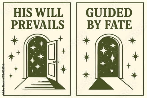 Destiny Banners Design. Destiny. Two vertical A6 banners with safe margins, centered composition, no elements touching edges, retro, olive green and cream,