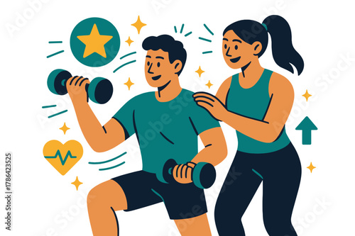 Dynamic Fitness Coaching. Fitness training and personal coaching. Personal trainer guiding client through dumbbell exercises with abstract floating icons,