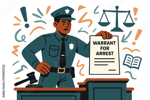 Arrest Warrant Execution. Warrant for arrest. Law enforcement officer presenting arrest warrant in courtroom with abstract floating legal icons and exclamation