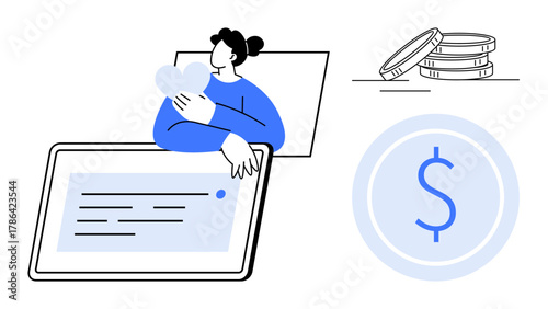 Woman holding a heart symbol near a tablet screen, stacks of coins, and a large dollar sign. Ideal for finance, investment, digital payment, charity, savings, banking economic growth simple flat