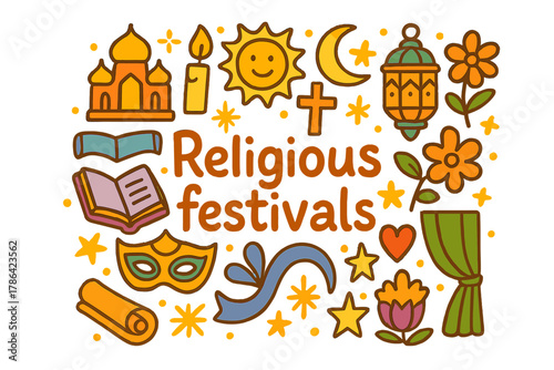 Celebration Symbols Doodle. Religious festivals. Hand-drawn doodle illustration of religious festivals. Temple