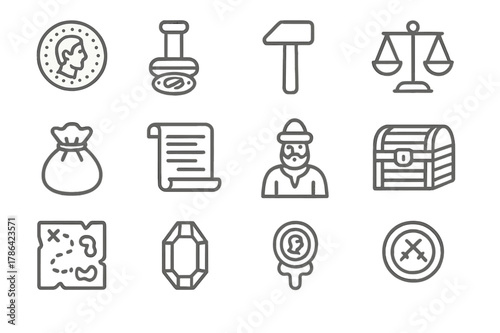 Ancient Coin Iconography. Ancient coins and trade. Line icon set of ancient coins: coin, mint stamp, hammer, scales, purse, scroll, merchant, chest, treasure