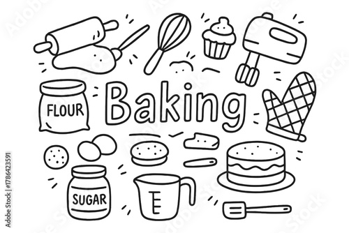 Baking Doodle Illustration. Baking. Hand-drawn doodle illustration of baking. Rolling pin, dough, whisk, mixer