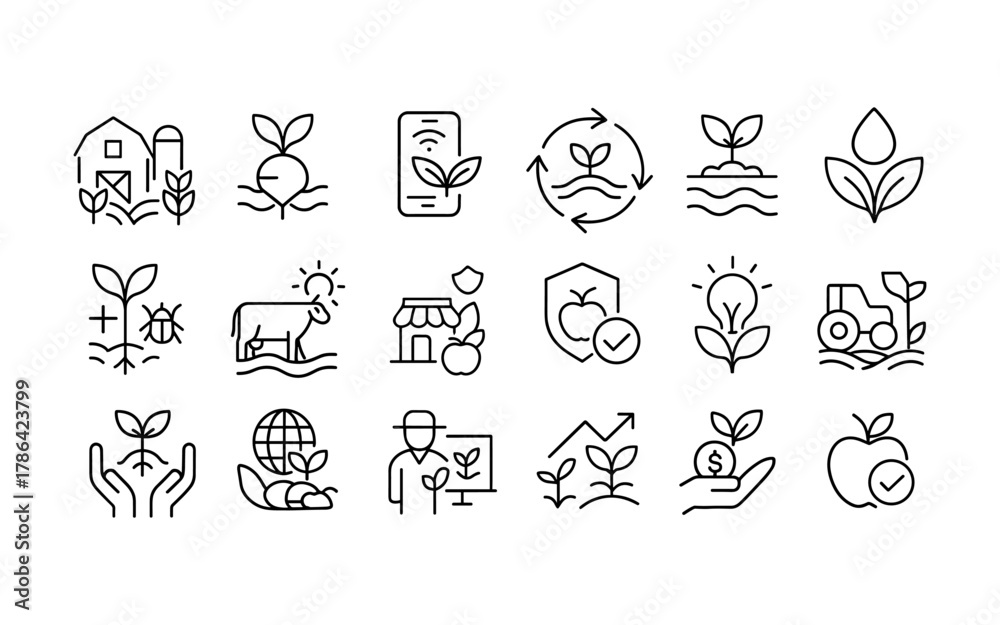 Fototapeta premium Sustainable farming icons: line art collection for eco-friendly agriculture