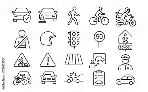 Traffic safety icons: line art symbols for road awareness and navigation