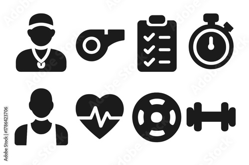 Personal Training Icons. Personal training. Filled icon set of personal training: coach, whistle, clipboard,