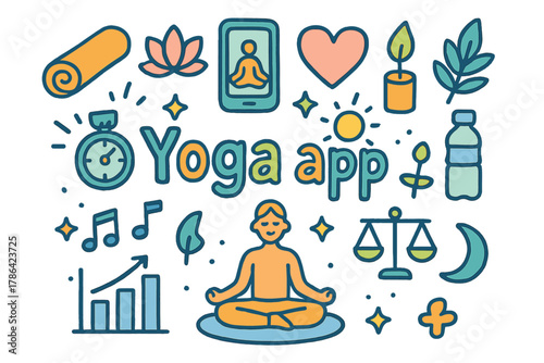 Colorful Yoga App Doodles. Yoga app. Hand-drawn doodle illustration of yoga app. Yoga mat, lotus flower, phone