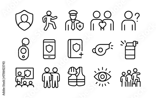 Comprehensive linear icons set for security and safety concepts