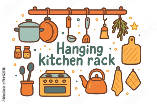 Colorful Kitchen Doodle. Hanging kitchen rack. Hand-drawn doodle illustration of hanging kitchen rack. Rack,