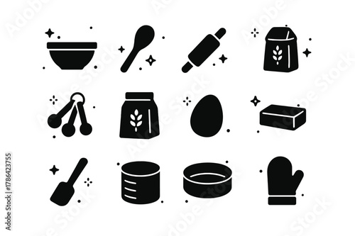 Baking Icons Set. Baking Essentials. Solid icons set of Baking Essentials: mixing bowl, wooden spoon, rolling pin, whisk, measuring spoons, flour bag, egg,