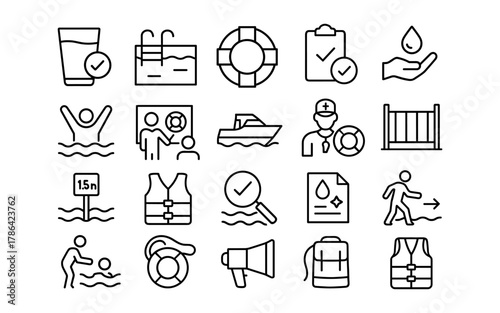 Water safety icons set with swimming pool, lifeguard, and life jacket symbols in linear style