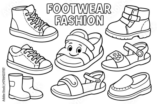 Children's Shoe Coloring. Footwear fashion children?s coloring book illustration, outlined drawing, cheerful