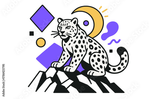 Snow Leopard Geometry. Endangered Species. Snow leopard perched on rocky terrain with floating abstract geometric shapes and glowing accents, fierce and rare