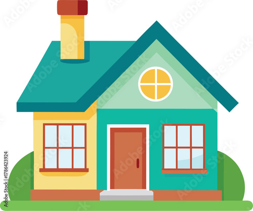 Colorful Cartoon House with Teal Roof and Brown Door Keywords: house, home, building, cartoon