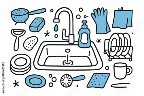 Kitchen Sink Essentials. // Kitchen sink area. Hand-drawn doodle illustration kitchen sink area [sink (accented), faucet (accented), sponge, dish soap bottle