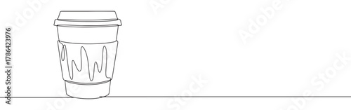 Continuous one line drawing of a disposable coffee cup with a sleeve, symbolizing a takeaway drink, coffee break, or morning routine