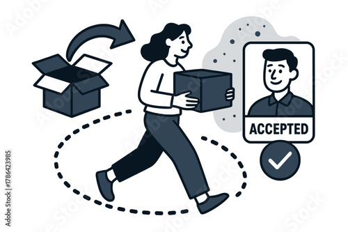 Easy Returns Icon. Shopping Habits ? Easy Returns. A box icon unfolds into a curved arrow; a smiling clerk card confirms ?accepted?. Dotted steps show return
