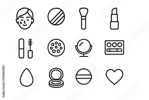 Natural Makeup Icons. Natural makeup look. Line outline icon set of natural makeup look: blush, bronzer, brush