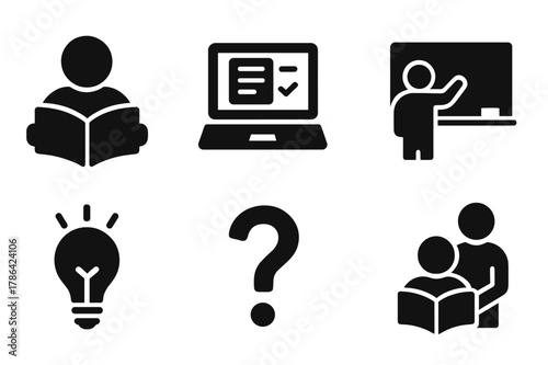 Student Learning Icons. Student learning. Filled icon set of student learning: student reading, laptop with