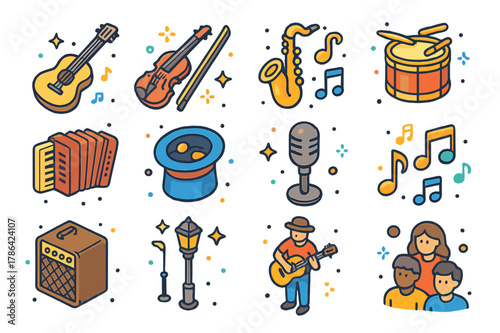 Street Performer Icons. Street performer. Colorful isometric vector icons set of street performer: guitar, violin, saxophone, drum, accordion, hat for tips,
