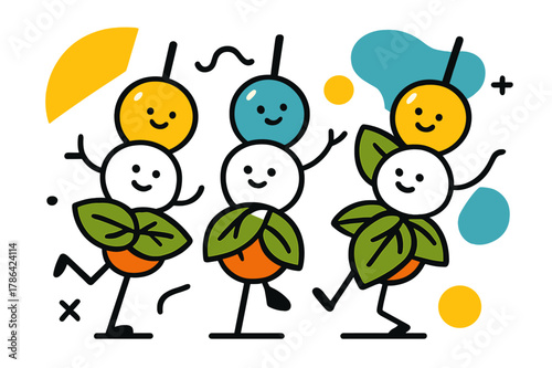 Vibrant Caprese Skewers. Caprese Skewers. Colorful caprese skewers with cherry tomatoes, mozzarella, and basil leaves with floating abstract geometric shapes,