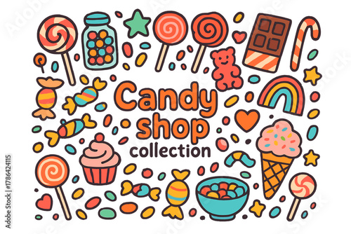 Candy Shop Delights. Candy shop collection. Hand-drawn doodle illustration of Candy shop collection. Jars,