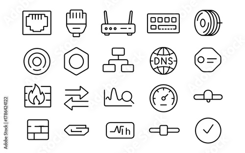 Minimalist black line network and technology icons set