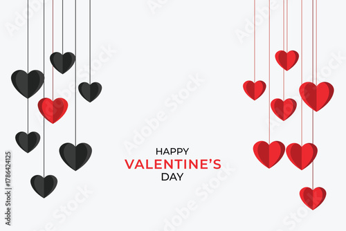 Happy valentines day greeting with hanging red and black hearts on a white background