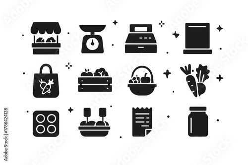 Organic Market Icons. Farmers market with organic produce. Solid icons set of Farmers market with organic produce: market stall, weighing scale, cash box,