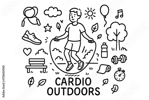 Cardio Outdoors Doodle. Cardio Outdoors. Hand-drawn doodle illustration of Cardio Outdoors. In the middle, one