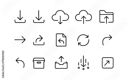 Minimalist line icons for upload, download, and file management functions