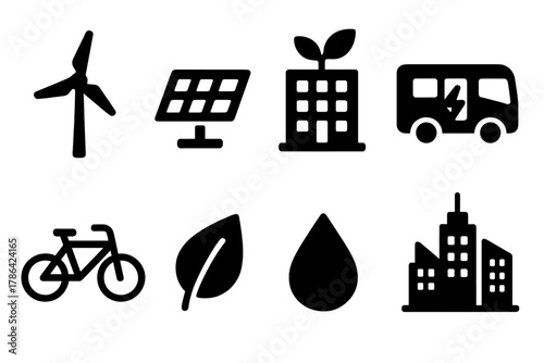 Sustainable City Icons. Sustainable city. Filled icon set of sustainable city: wind turbine, solar panel,