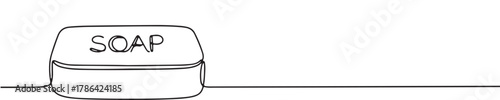Continuous one line drawing of a classic bar of soap with "SOAP" written on it, symbolizing cleanliness, hygiene, and freshness