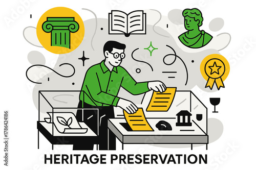 Heritage Curator's Artistry. Heritage preservation. Curator arranging documents and artifacts in display cases