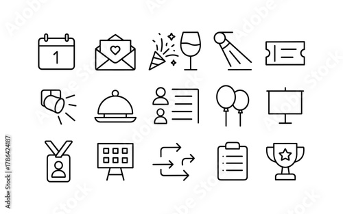 Event and celebration icons set in linear style with calendar, envelope, and wine