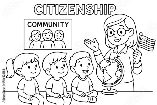 Citizenship Learning Illustration. Learning about citizenship children?s coloring book illustration, outlined