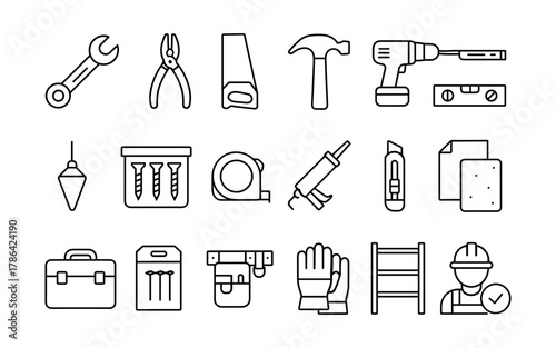 Construction tools icon set for builders and diy enthusiasts in a linear style