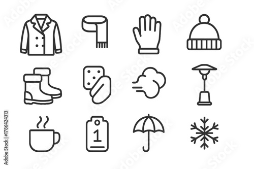 Winter Night Essentials. Winter Night Out. Line icon set of Winter Night Out: coat, scarf, gloves, beanie hat, warm boots, hand warmer, breath cloud, patio