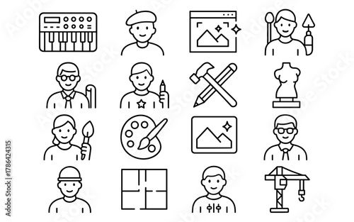 Creative professions icon set featuring artists, musicians, designers, and architects in linear style
