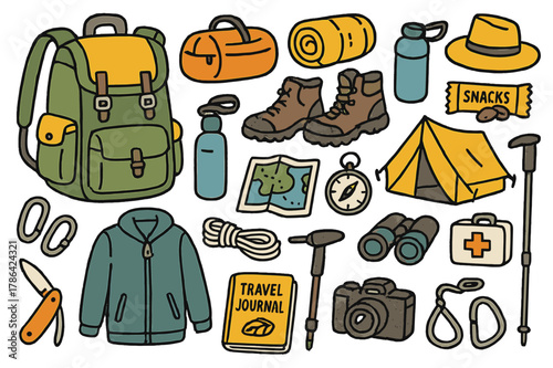 Colorful Backpack Essentials. Backpack essentials. Hand-drawn doodle illustration backpack (colored), duffel bag (colored), sleeping bag (colored), water