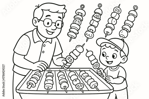 BBQ Skewers Fun. BBQ skewers and veggie grilling children?s coloring book illustration, outlined drawing,